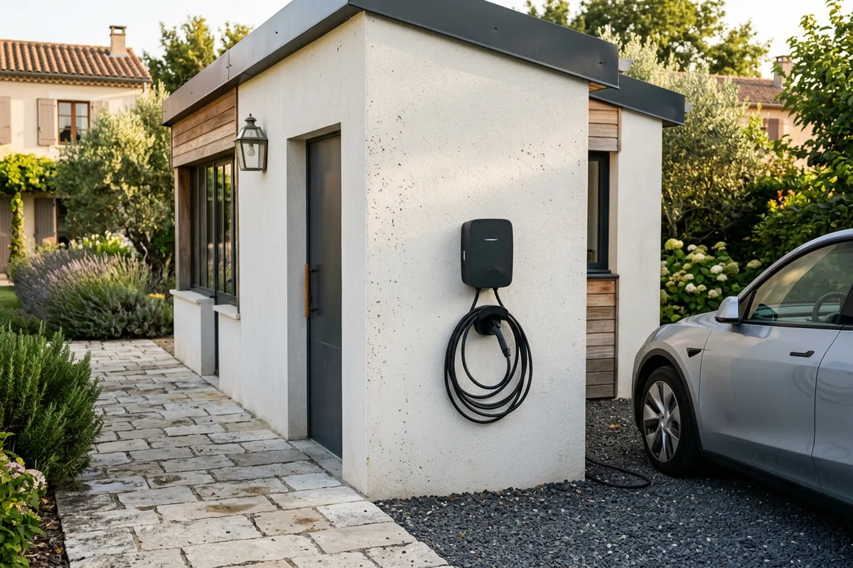 Borne de recharge murale performante posée sur façade de maison à Canet