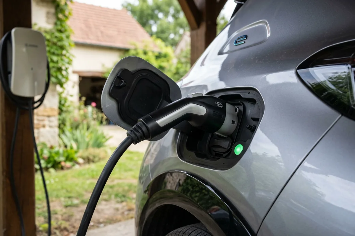 Câble et connecteur de wallbox branchés sur un véhicule électrique à La Chaussée-Saint-Victor