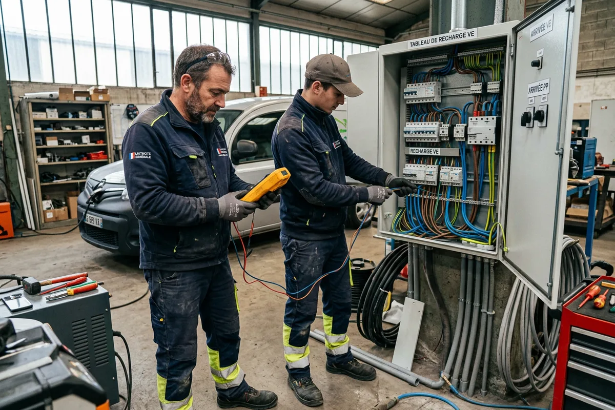 Équipe préparant l'installation borne de recharge sur le tableau électrique à Marcheprime