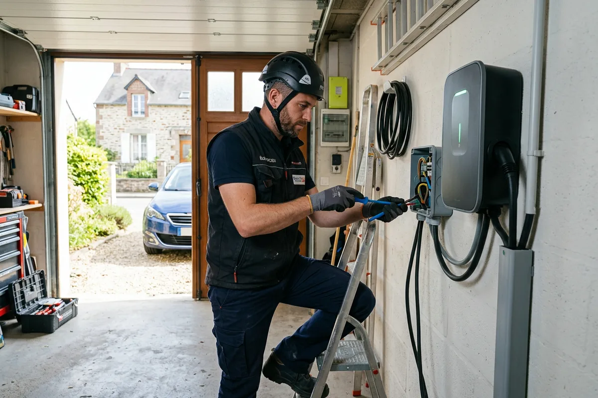 Technicien réalisant l'installation borne de recharge dans un garage résidentiel à Ruminghem