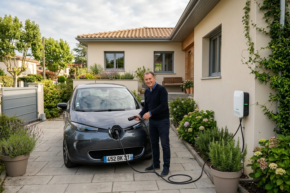 Particulier utilisant sa nouvelle borne de recharge installée à domicile à Vernaison Particulier utilisant sa nouvelle borne de recharge installée à domicile à Vernaison